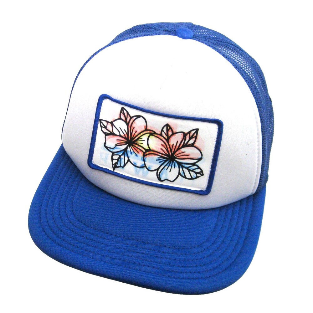 Hibiscus Trucker Hat Blue White Foam Mesh Snapback Baseball Cap Dole Food Hawaii